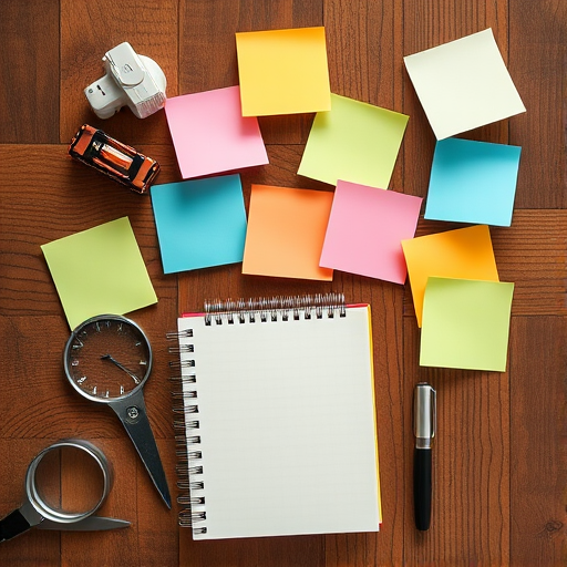 Create an arrangement of various sticky notes and a notepad on a wooden surface, using a high-resolution DSLR camera, 50mm lens, aperture f/2.8, ISO 100, soft natural lighting, overhead view, with a shallow depth of field to emphasize the textures and colors of the notes.