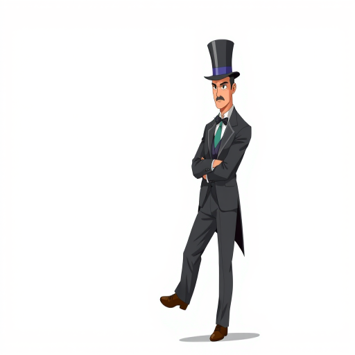 Create a high-resolution illustration of a distinguished gentleman in formal attire with a top hat, standing confidently with one leg crossed over the other, using a DSLR camera at 50mm focal length, aperture f/1.8, ISO 100, in natural lighting, with a slight vignette effect for emphasis.