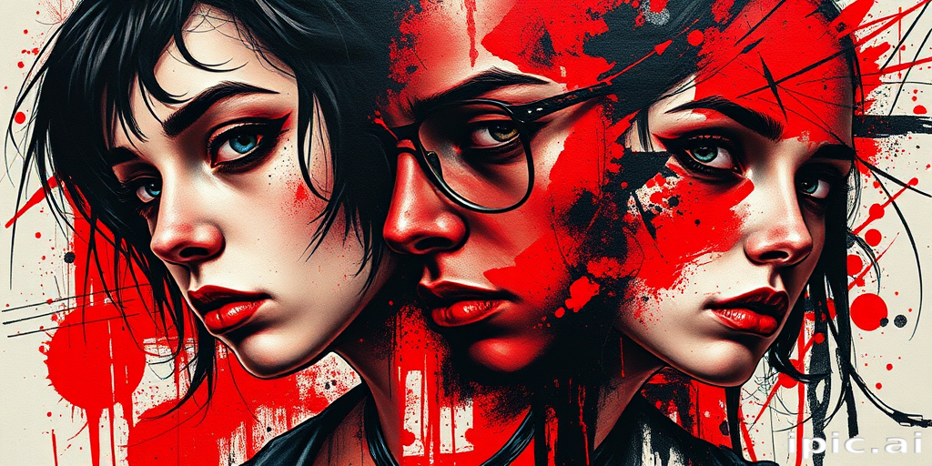 Trash polka tattoo combining photorealistic portraits with abstract brushstrokes, dramatic red and black color scheme, chaotic yet balanced composition, raw and expressive aesthetic