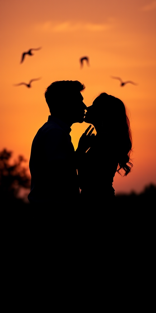 create a romantic sunset silhouette of a couple kissing in front of a vibrant orange sky with birds flying, using a Canon EOS 5D Mark IV, aperture f/2.8, ISO 200, 50mm lens, capturing the scene in landscape orientation with soft focus on the background.