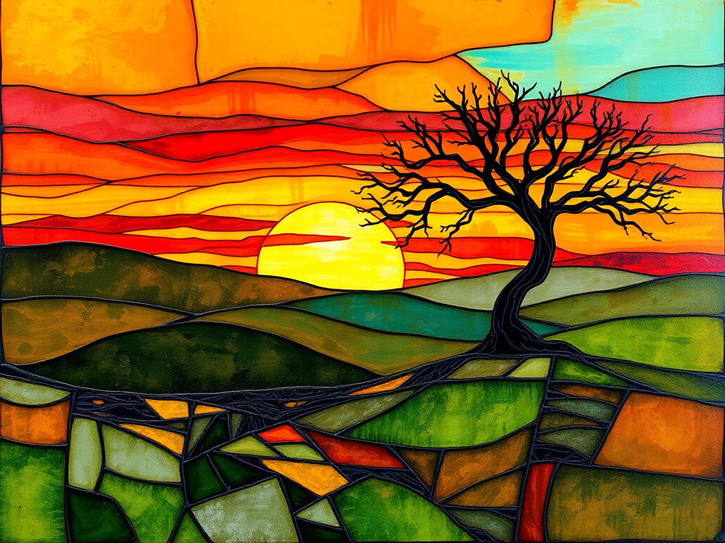 A vibrant abstract painting on Tiffany Glass, blending acrylic and alcohol ink techniques, captures a dramatic sunset over rolling hills. The artwork features a textured, rocky foreground in green and brown, layered abstract hills, and a striking sunset in rich oranges, yellows, and reds. A solitary black tree with intricate branches contrasts against the fiery sky, creating a dynamic and expressive portrayal of a breathtaking natural scene.