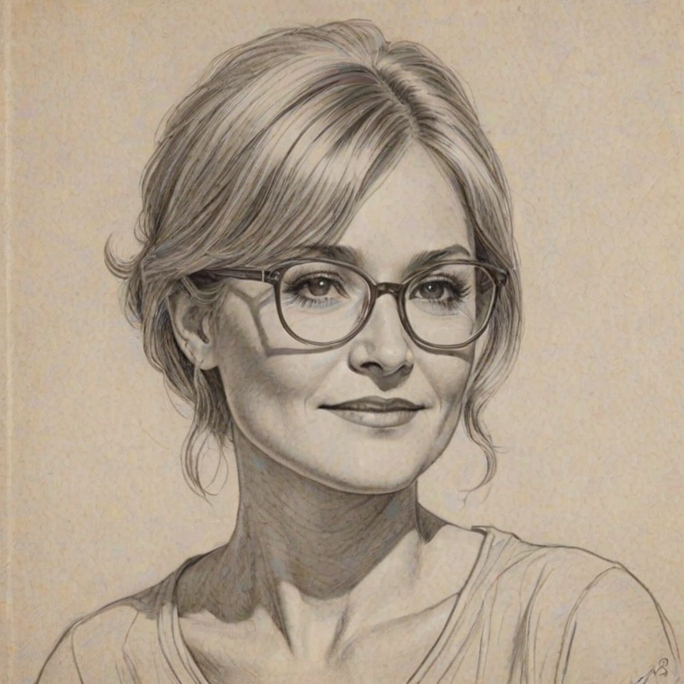 Elegant Dee Wallace, pencil sketch, portrait of Charming woman 1923s in glasses, hair style beatnik, outline, clear lines, fine lines, 8k