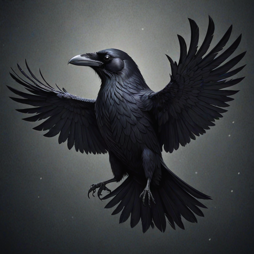 Create an illustration of a stylized raven with intricate feather details, wings spread wide, and a dark, mysterious atmosphere.