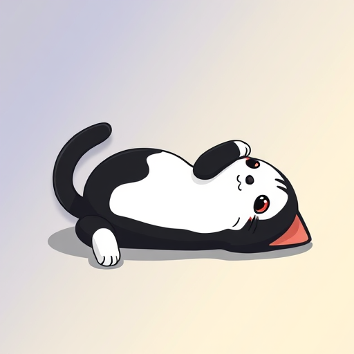 Create an illustration of a black and white cartoon cat lying on its back with a smooth gradient background, using a Canon EOS 5D Mark IV with a 50mm f/1.8 lens, aperture set to f/8, ISO 100, and natural soft lighting for enhanced clarity and detail.