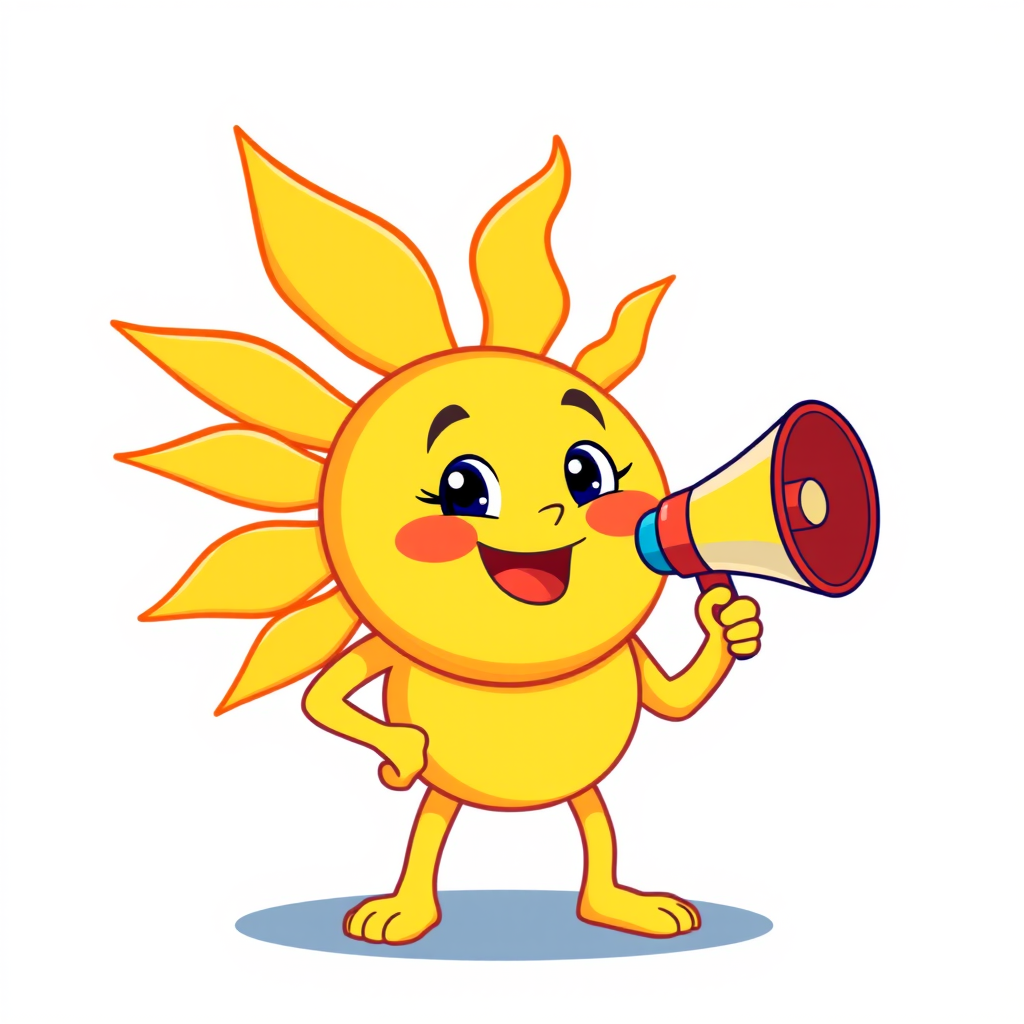Generate a cheerful cartoon sun character holding a megaphone, bright colors, simple background, high resolution, 50mm lens, f/2.8 aperture, ISO 100, soft lighting, digital illustration style.