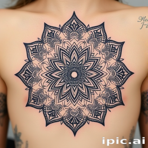 Ornate dotwork mandala tattoo called "Sacred Bloom" showcasing intricate patterns of tiny dots forming a large, circular design inspired by traditional Hindu and Buddhist symbolism, with layers of intricate details radiating outward from a central focal point, creating a mesmerizing and meditative piece of body art
