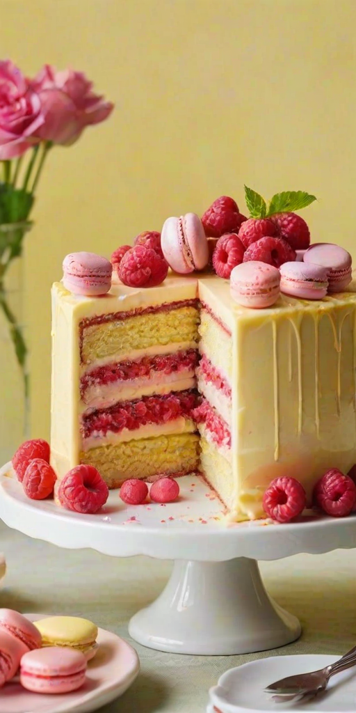 Create an image of a multi-layered cake with a light yellow frosting. The cake should have visible layers filled with a fruit preserve, and the top decorated with pink macarons, fresh raspberries, and lemon slices. Show a slice cut out to reveal the layers inside, emphasizing the colorful filling. Use a bright and inviting background.