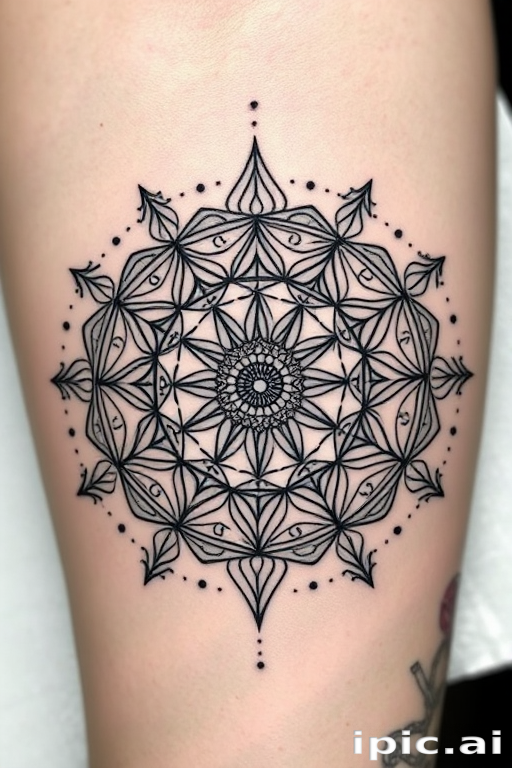 Intricate blackwork tattoo called "Geometric Mandala" showcasing precise linework and symmetrical patterns forming a circular design with sacred geometry elements, dotwork shading, and negative space accents