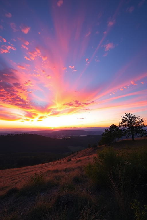 Create a high-resolution image of a serene landscape at sunrise with vibrant colors, using a Canon EOS R5 camera, 24mm lens, f/8 aperture, ISO 100, 1/60s shutter speed, taken from a wide-angle view to capture the expansive sky and foreground details.