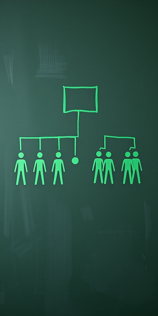Create an image of a chalkboard organizational chart with stick figure drawings in green, captured with a DSLR camera at f/2.8, ISO 100, 50mm lens, shot from a straight-on view to enhance clarity and detail.