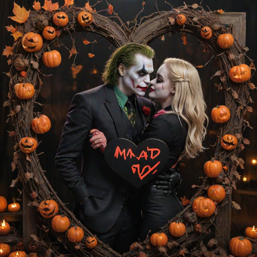 The Joker, neat, wearing a black suit and a beautiful Harley Quinn with long hair, both romantic, hugging and cuddling in the middle of a neon linen black heart frame decorated with dead leaves, bats, and small pumpkins, with a label at the bottom that reads 'Mad Love' made of linen, in a photo realistic style.