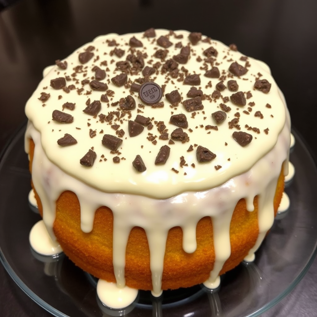 Create an image of a round cake with a golden brown exterior topped with a thick layer of creamy frosting that is dripping down the sides. The frosting is light in color and features a generous sprinkle of crushed chocolate candies on top. The cake is presented on a clear glass plate, showcasing its moist texture and decadent toppings.
