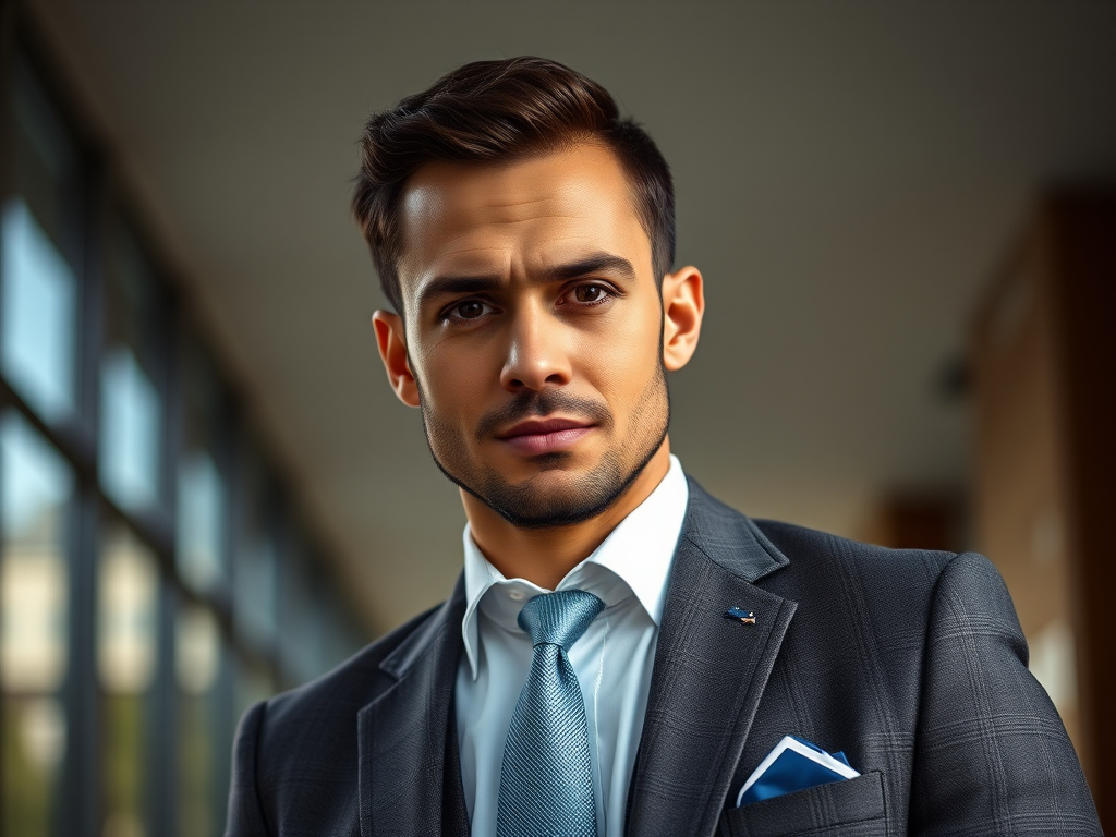 Create a high-resolution linear portrait of a well-dressed man with a confident expression, using a 50mm lens, f/1.8 aperture, 1/200s shutter speed, and ISO 100, shot from a low angle in soft natural light.