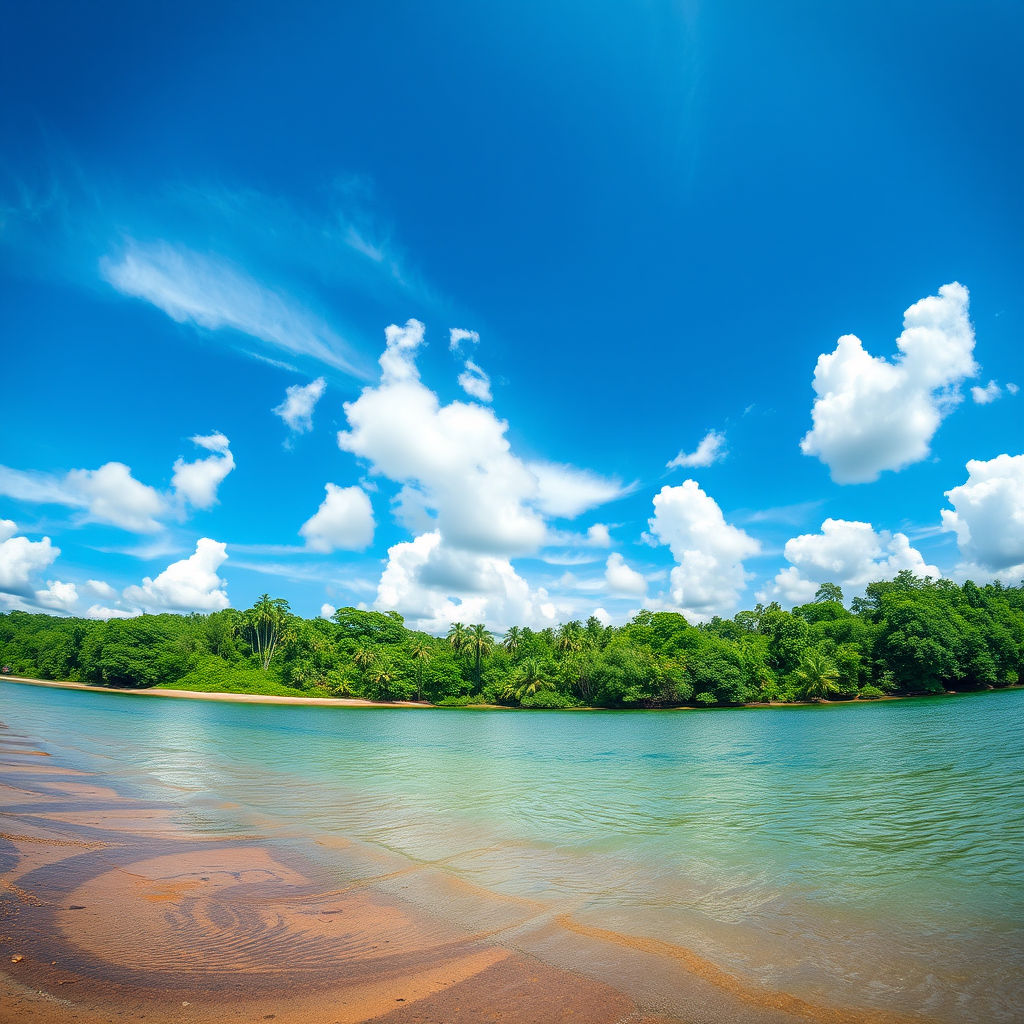 capture a serene shoreline with vibrant blue skies, fluffy white clouds, and lush greenery along the water's edge, taken with a DSLR camera at 24mm, f/8, ISO 100, 1/200s, using a wide-angle perspective for enhanced depth and clarity