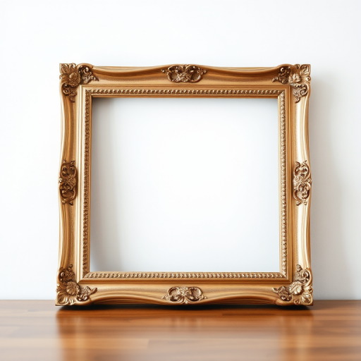 Create an empty picture frame with a classic design, using a DSLR camera at f/2.8 aperture, 50mm lens, ISO 100, in natural light, with a shallow depth of field to emphasize the frame's details.