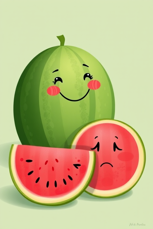 Create a whimsical illustration of a smiling whole watermelon next to a sliced watermelon with a sad expression, set against a soft green background, using a Canon EOS R5 with a 50mm lens at f/2.8, 1/125 sec, ISO 200, soft focus style.