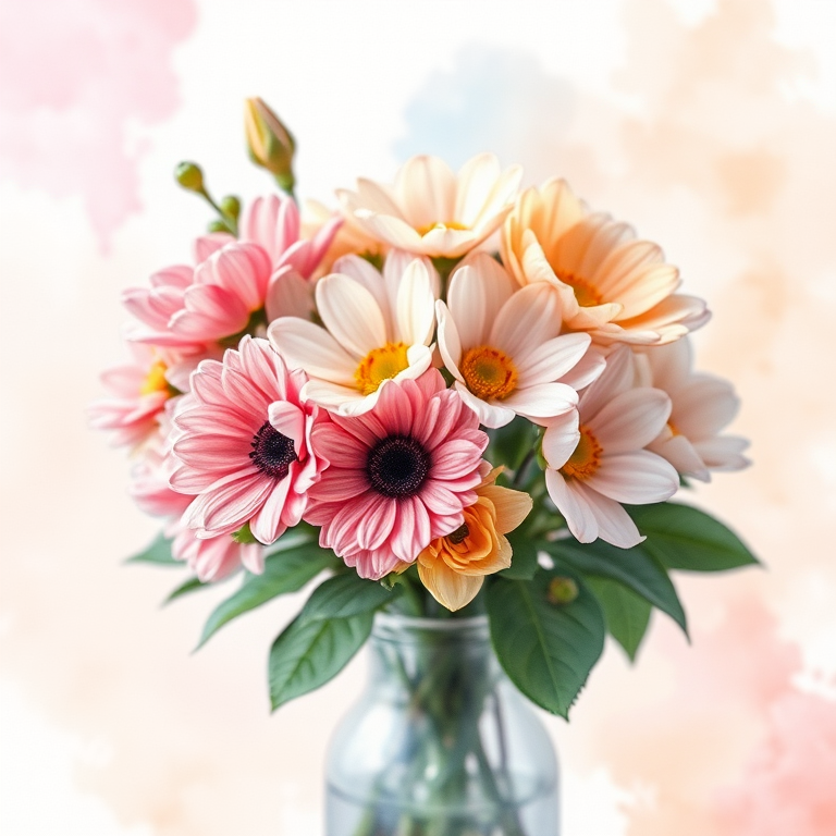 Create a watercolor painting of a bouquet of flowers in a vase, with soft pastel colors and a dreamy abstract background; camera settings: f/2.8, ISO 100, shutter speed 1/100s; camera view: close-up; camera style: artistic; camera type: DSLR.