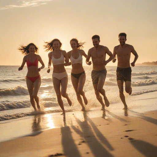 Blurry action shot of a group of friends racing down a sandy beach, soft focus on the waves crashing in the background, golden light from the setting sun casting long shadows.