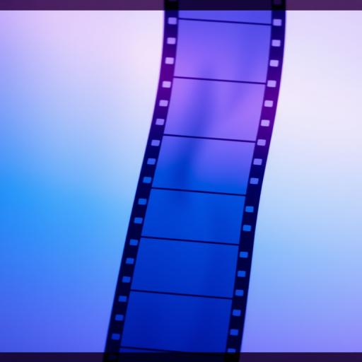 Create a high-resolution image of a wavy film strip with a gradient color scheme featuring shades of blue and purple, using a DSLR camera, 50mm lens, f/1.8 aperture, ISO 100, and a soft focus effect.