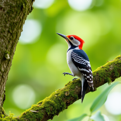 Capture a high-resolution image of a woodpecker perched on a mossy tree branch, using a DSLR camera with a 200mm lens, aperture f/4, ISO 100, shutter speed 1/200 sec, natural light, shallow depth of field, with a soft focus background to emphasize the bird's vibrant red head and detailed feather patterns.