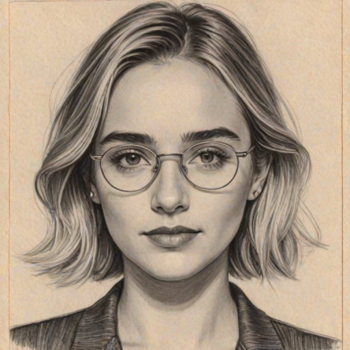 Superb Katelyn Tarver, pencil sketch, portrait of Radiant woman 1934s in glasses, hair style beatnik, outline, clear lines, fine lines, 8k