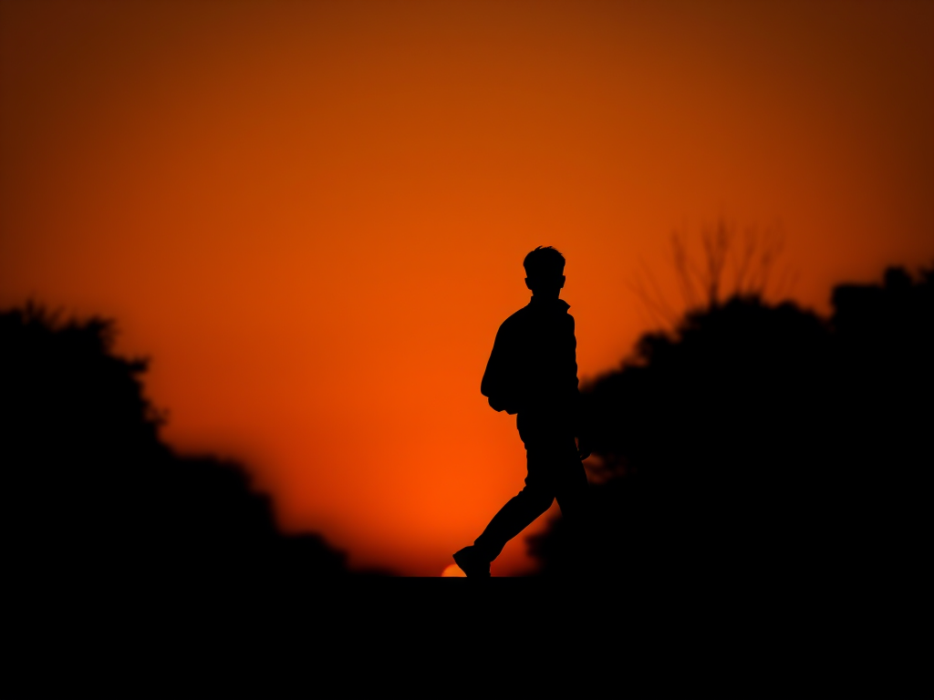 Create a high-resolution silhouette of a person walking, captured with a DSLR camera at f/4, ISO 100, 50mm lens, and a slight vignette effect for emphasis.