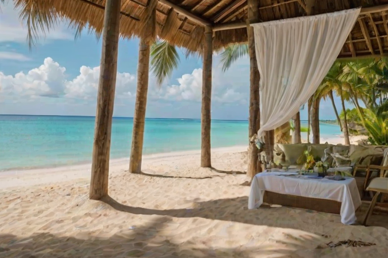 Create a picturesque tropical beach scene featuring a serene, white sandy shore. In the foreground, there's a rustic wooden canopy with white drapes gently flowing in the breeze. Underneath the canopy, a table is set with tropical decor, evoking a sense of relaxation and leisure. The beach extends into a calm, shallow water area with reflections of the sky and surroundings. Palm trees and lush greenery line the edge of the beach, providing a natural, tropical backdrop. The sky is clear with a few scattered clouds, and the overall atmosphere is tranquil and inviting, perfect for a peaceful retreat.