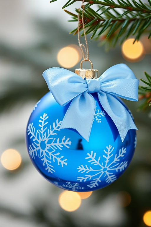 Create a high-resolution image of a blue Christmas ornament with white snowflake designs and a satin bow, using a DSLR camera with a 50mm lens, f/2.8 aperture, 1/125 sec shutter speed, natural lighting, and a soft focus background.