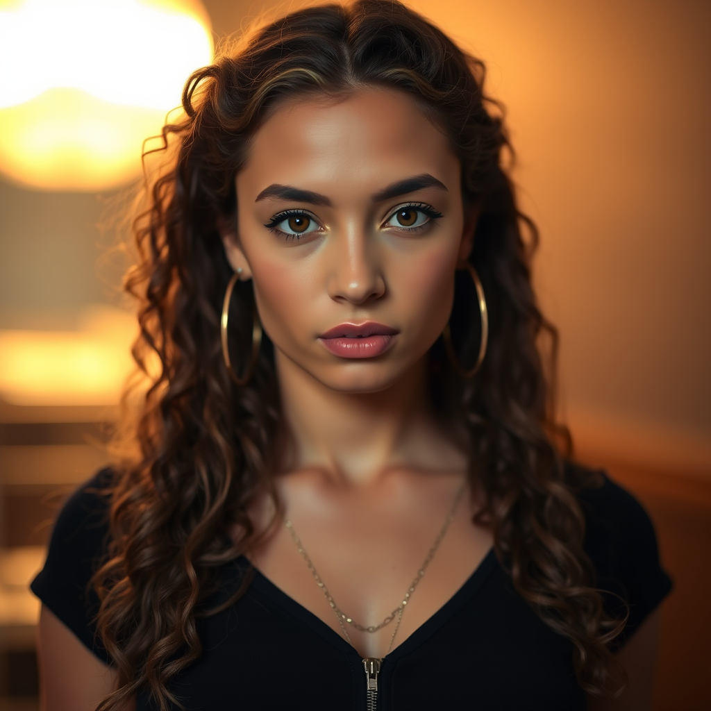 A young woman with long, curly brown hair is looking directly at the viewer. She is wearing a black top with a zipper down the front. The setting is a dimly lit interior space, with a warm, golden light emanating from the background. Her expression is neutral, with a hint of seriousness. The image is a close-up portrait with a shallow depth of field, focusing on the woman's face and torso. The background is blurred, creating a soft and intimate atmosphere.  She is wearing large gold hoop earrings, and a small gold chain is visible around her neck.  Her makeup is natural and simple, highlighting her brown eyes. The lighting creates subtle shadows that accentuate her features.  Her skin is smooth and glows in the soft light. The composition is balanced, with the woman's face positioned in the center of the frame.  The image is focused on capturing her beauty and confidence.