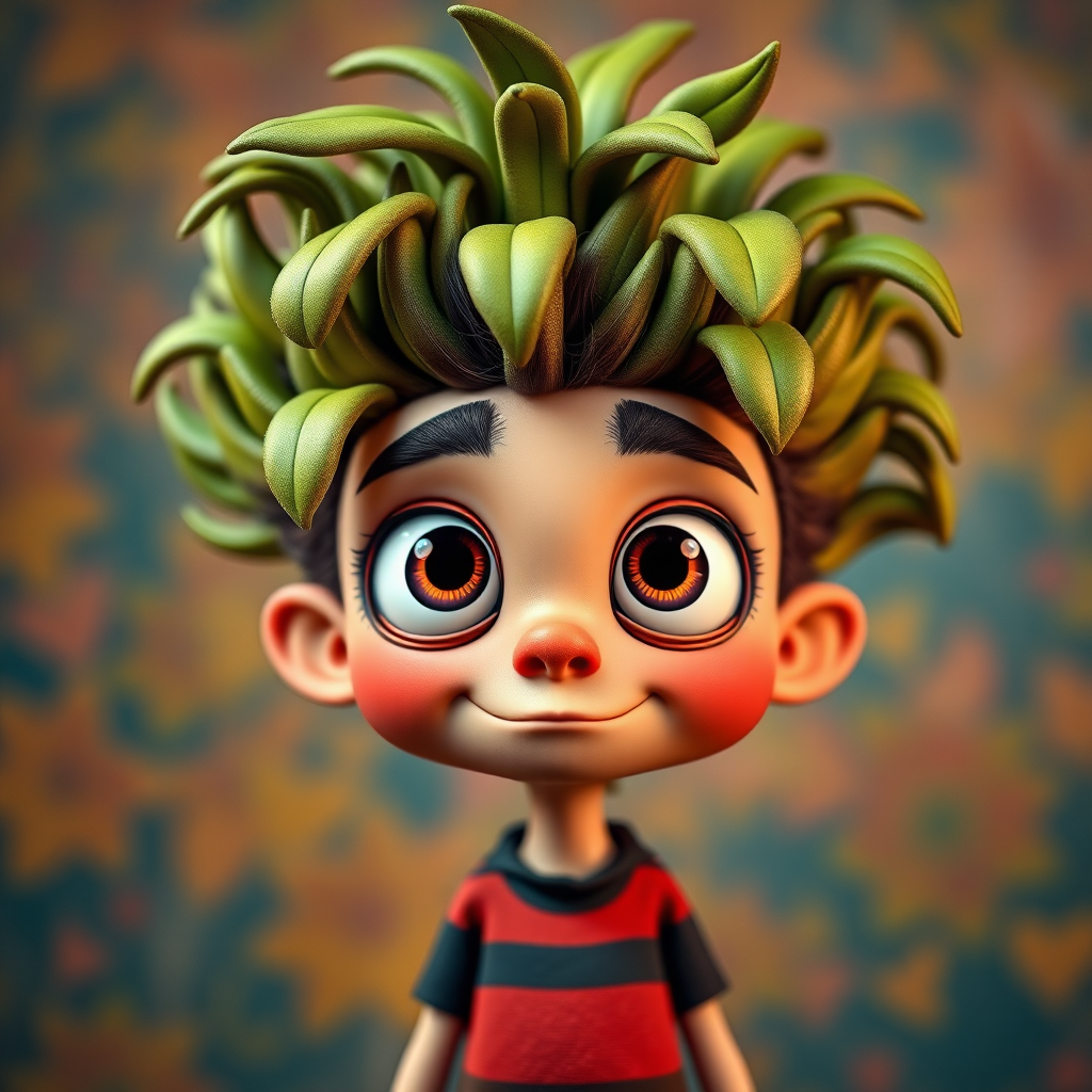 Create a vibrant cartoon character with exaggerated hair resembling a plant, large googly eyes, colorful background, using a DSLR camera with a 50mm lens, f/1.8 aperture, ISO 100, in a light studio setup, with a shallow depth of field for enhanced image quality.