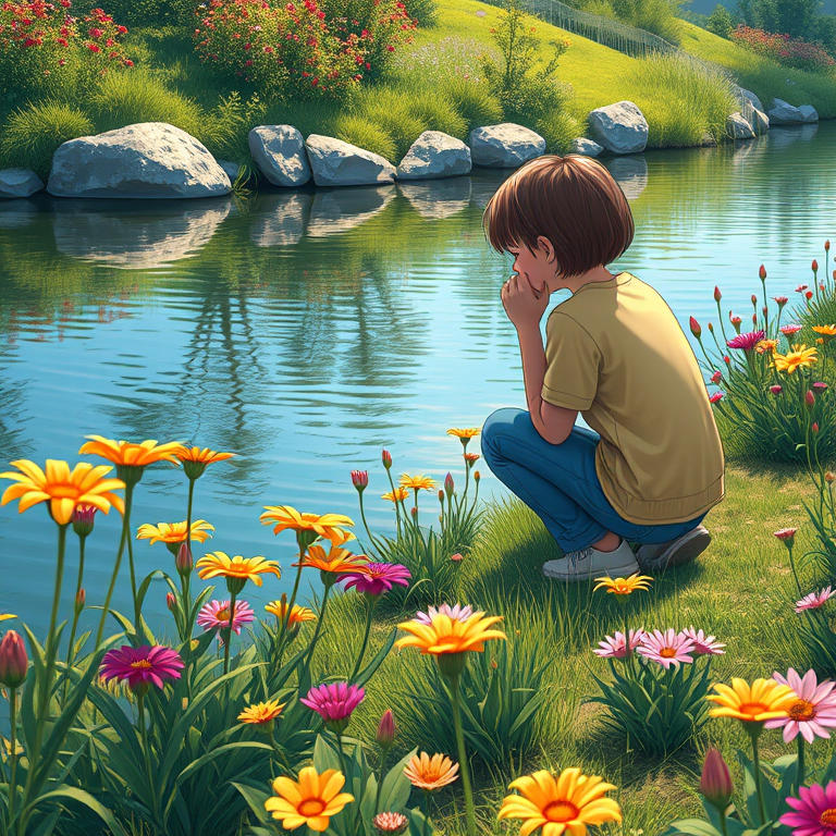 Create a highly detailed and vibrant illustration of a person kneeling and observing flowers beside a serene water source, using a Canon EOS R5 camera at ISO 100, aperture f/2.8, shutter speed 1/250s, shot from a low angle for an intimate perspective, in a fine art style to enhance the image quality.