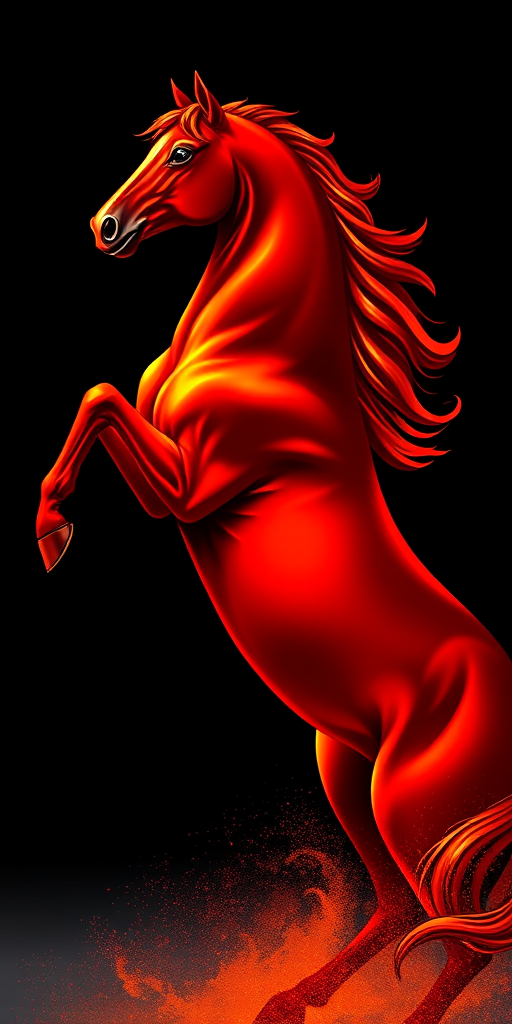Create a vibrant illustration of a rearing horse with a deep red color and golden outline, using a DSLR camera with a 50mm lens, aperture set to f/1.8, ISO 100, in a studio lighting setup for enhanced quality and sharpness.