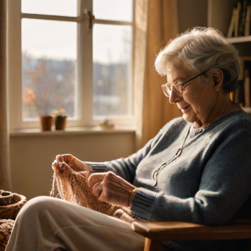 Warm, intimate photo of a grandmother knitting by a sunny window, soft golden light illuminating her hands and the yarn, with a cozy armchair and bookshelf visible in the background.