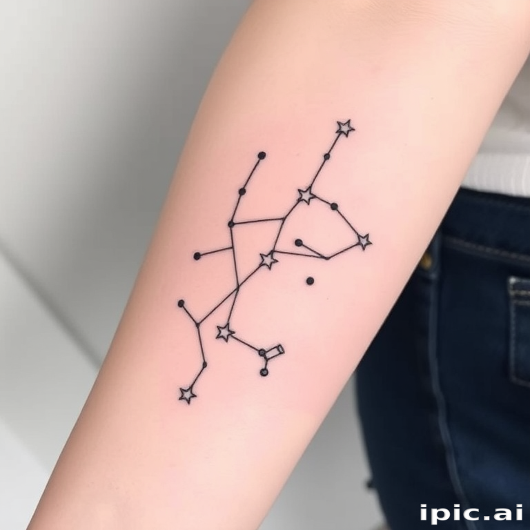Minimalist fine line tattoo named "Whispered Constellations" featuring delicate star patterns connected by thin lines to form celestial shapes, incorporating subtle dotwork and negative space for a celestial aesthetic