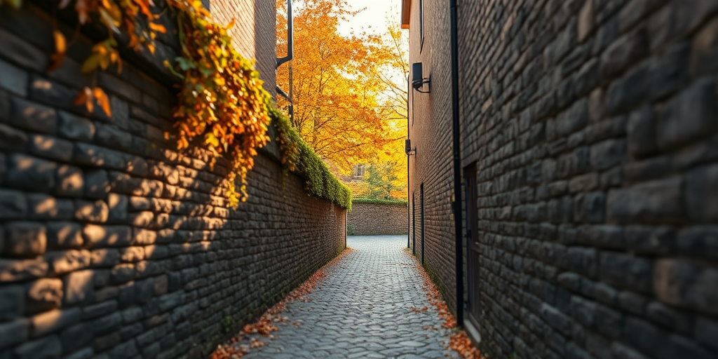 narrow cobblestone alleyway between stone walls with autumn foliage, golden hour lighting, soft shadows, depth of field focusing on the pathway, camera settings: f/8, ISO 100, 1/250s, camera view: eye level, camera style: HDR, camera type: DSLR
