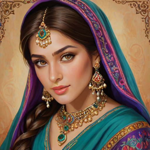 Create a portrait of a beautiful woman with striking hazel eyes and a gentle expression. She is adorned in traditional attire with intricate patterns, including a richly embroidered headscarf and matching garments. Her jewelry includes a delicate headpiece, dangling earrings, and ornate bracelets, all featuring vibrant gemstones and detailed metalwork. The background is soft and warm, enhancing the rich colors of her outfit and jewelry.