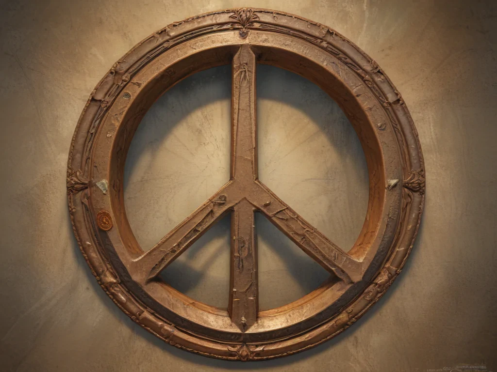 Intricate Wooden Peace Symbol Against a Textured Background of Serenity