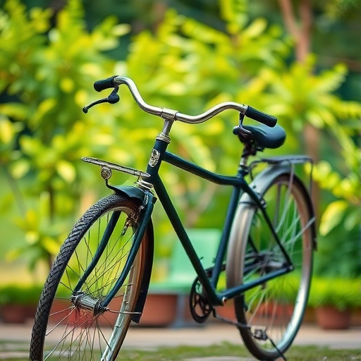 Capture a vintage bicycle in an outdoor setting with lush greenery in the background, use a 50mm lens, aperture f/2.8 for a shallow depth of field, ISO 200, shutter speed 1/250s, and a DSLR camera for enhanced image quality and detail.