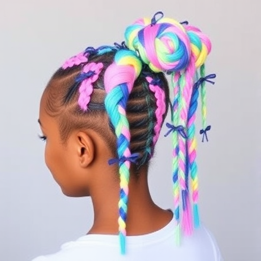 Playful multicolored braids named "Candyland Dreams" incorporate a variety of pastel hues woven into intricate cornrows and culminating in a high, voluminous ponytail