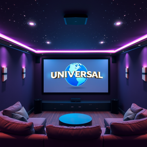 create a visually stunning home theater room with a large illuminated screen displaying the Universal logo, featuring dark purple walls, soft couch seating, starry ceiling lights, optimal focus, 24mm lens, f/2.8 aperture, ISO 400, low-light setting, wide-angle view, digital photography, high dynamic range imaging.
