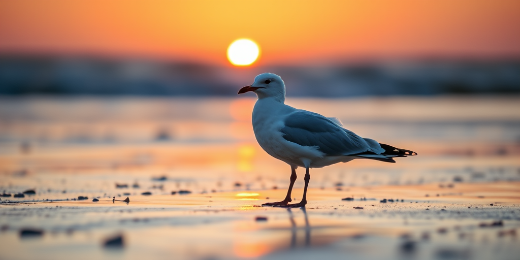 Capture a seagull standing on wet sand at sunset with a shallow depth of field, aperture f/4, shutter speed 1/500, ISO 200, using a DSLR camera, 200mm lens, soft natural lighting.