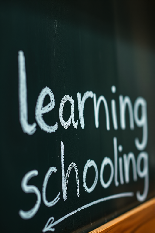 A close-up view of a chalkboard with the words "learning" and "schooling" written in bold, playful chalk font, natural lighting, shallow depth of field, Canon EOS R5, 50mm lens, f/1.8, ISO 100, 1/125 sec.