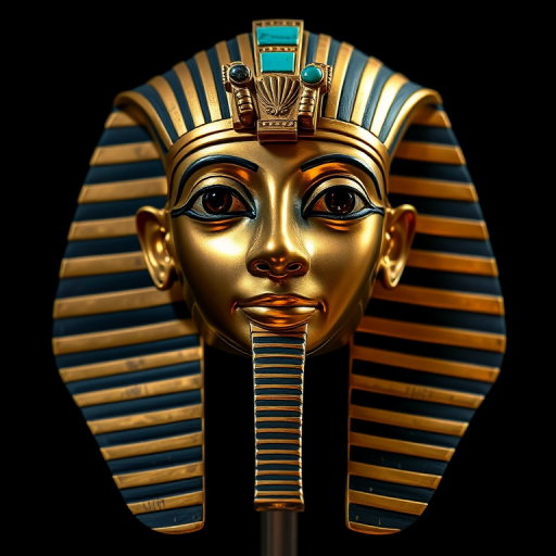 Create a highly detailed image of an ancient Egyptian pharaoh's mask, using a Canon EOS R5 with a 50mm f/1.2 lens at ISO 100, aperture f/2.8, and a shutter speed of 1/125s, captured in soft natural lighting from a front view, emphasizing intricate gold and turquoise decorations against a dark background for depth and contrast.
