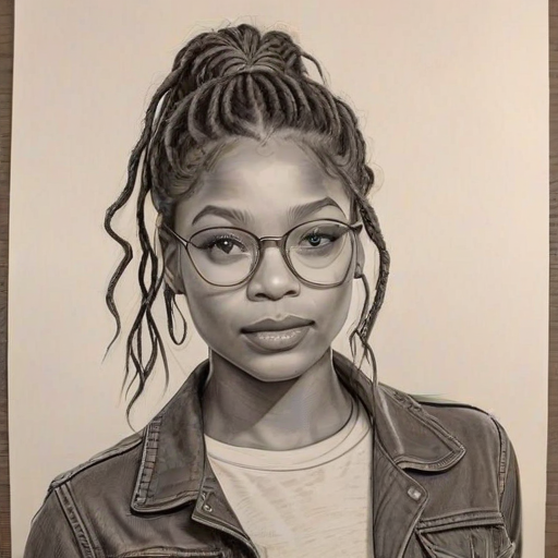 Resplendent Halle Bailey, pencil sketch, portrait of Captivating woman 1974s in glasses, hair style beatnik, outline, clear lines, fine lines, 8k