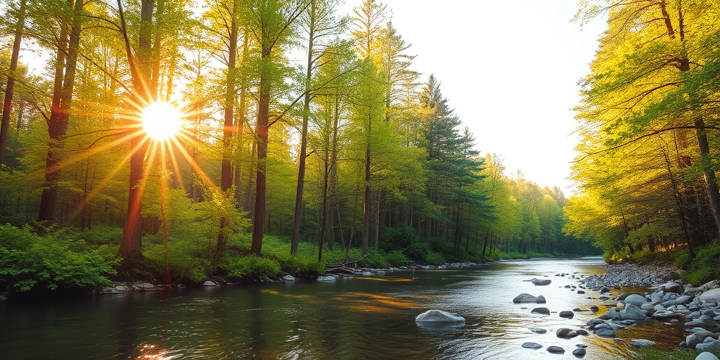 Create an image of a serene, sunlit forest scene with a clear, gently flowing river. Tall trees with lush green foliage line both sides of the river, their leaves bathed in the warm golden light of the setting or rising sun. The sunlight filters through the trees, casting soft, dappled light on the river, which flows over smooth rocks and pebbles, creating a peaceful, natural atmosphere. The sky is bright with a few scattered clouds, and the overall mood is tranquil, evoking a deep sense of connection with nature. The image captures the beauty of a calm, pristine forest landscape at either dawn or dusk.