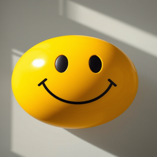 Generate a high-resolution image of a classic yellow smiley face with a large grin and circular shape, using a 50mm lens, f/2.8 aperture, ISO 100, in bright natural light, shot from a straight-on view with a digital camera.