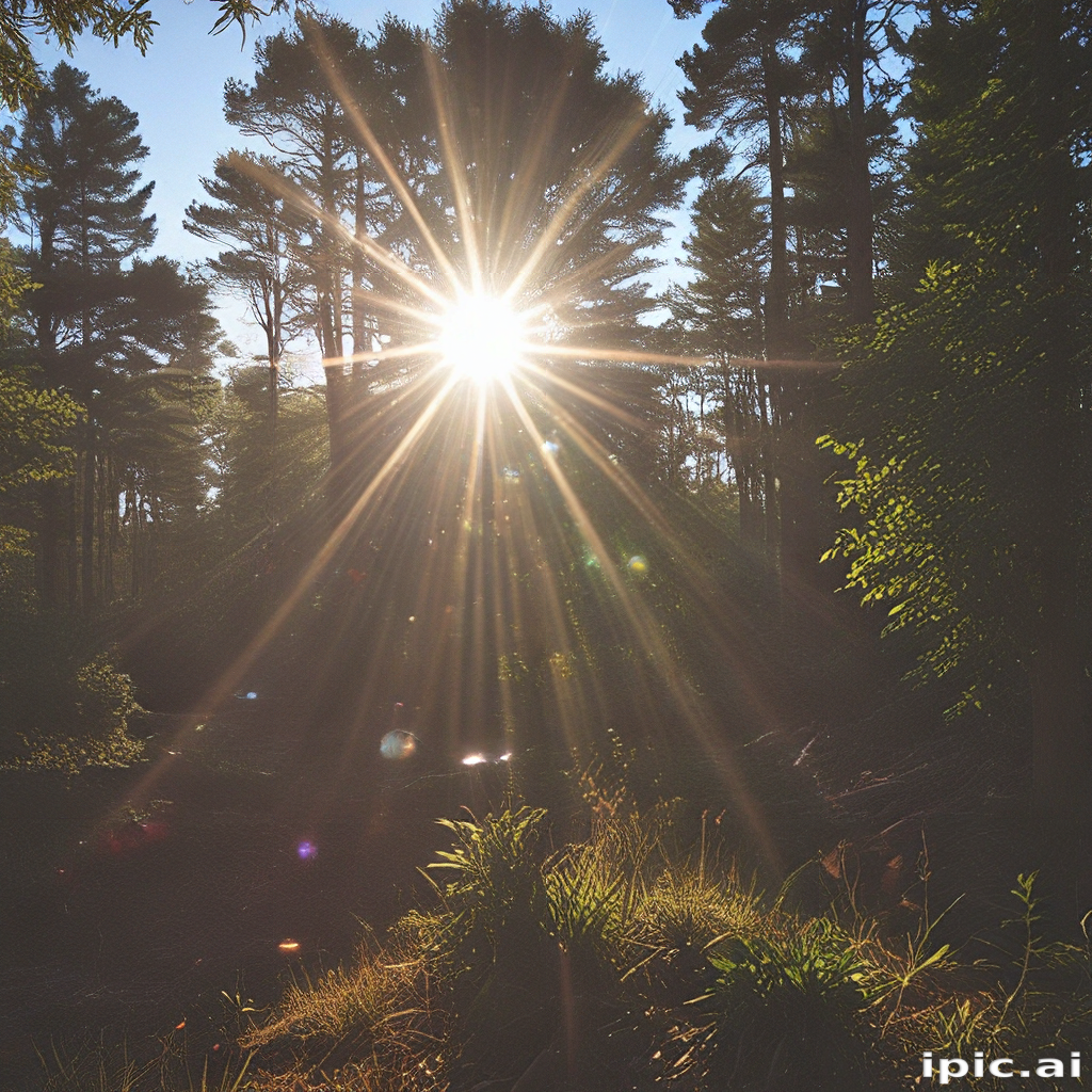 Golden Sunlight Filtering Through Tall Trees in a Serene Forest