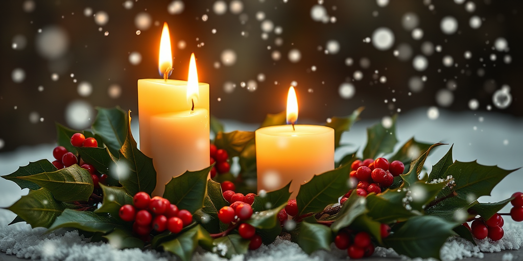 Create a vintage-style Christmas greeting card featuring two lit candles surrounded by holly leaves and red berries, with snowflakes softly falling in the background, shot with a DSLR camera at f/2.8 for a shallow depth of field, ISO 100 for minimal noise, and a warm color temperature to enhance the cozy atmosphere.
