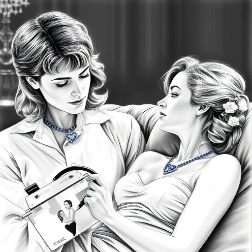 A hyperdetailed photorealistic black and white pencil sketch of the scene from the film Titanic where Jack is sketching Rose's portrait on his art pad as she reclines on the couch, wearing a bright sapphire blue diamond necklace with a heart-shaped diamond. The drawing on his art pad resembles Rose. Both Rose and the drawing of Rose are shown in the same image.