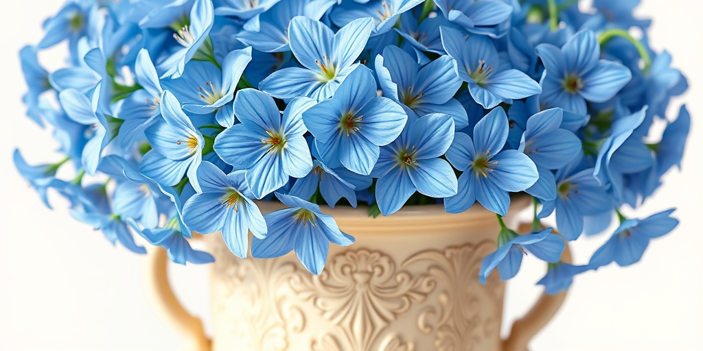 Generate a detailed illustration of a bouquet of delicate blue flowers in an ornate cream-colored vase with intricate patterns, using a wide-angle lens, f/2.8 aperture, soft natural lighting, and a focus on vibrant colors for enhanced clarity and depth.